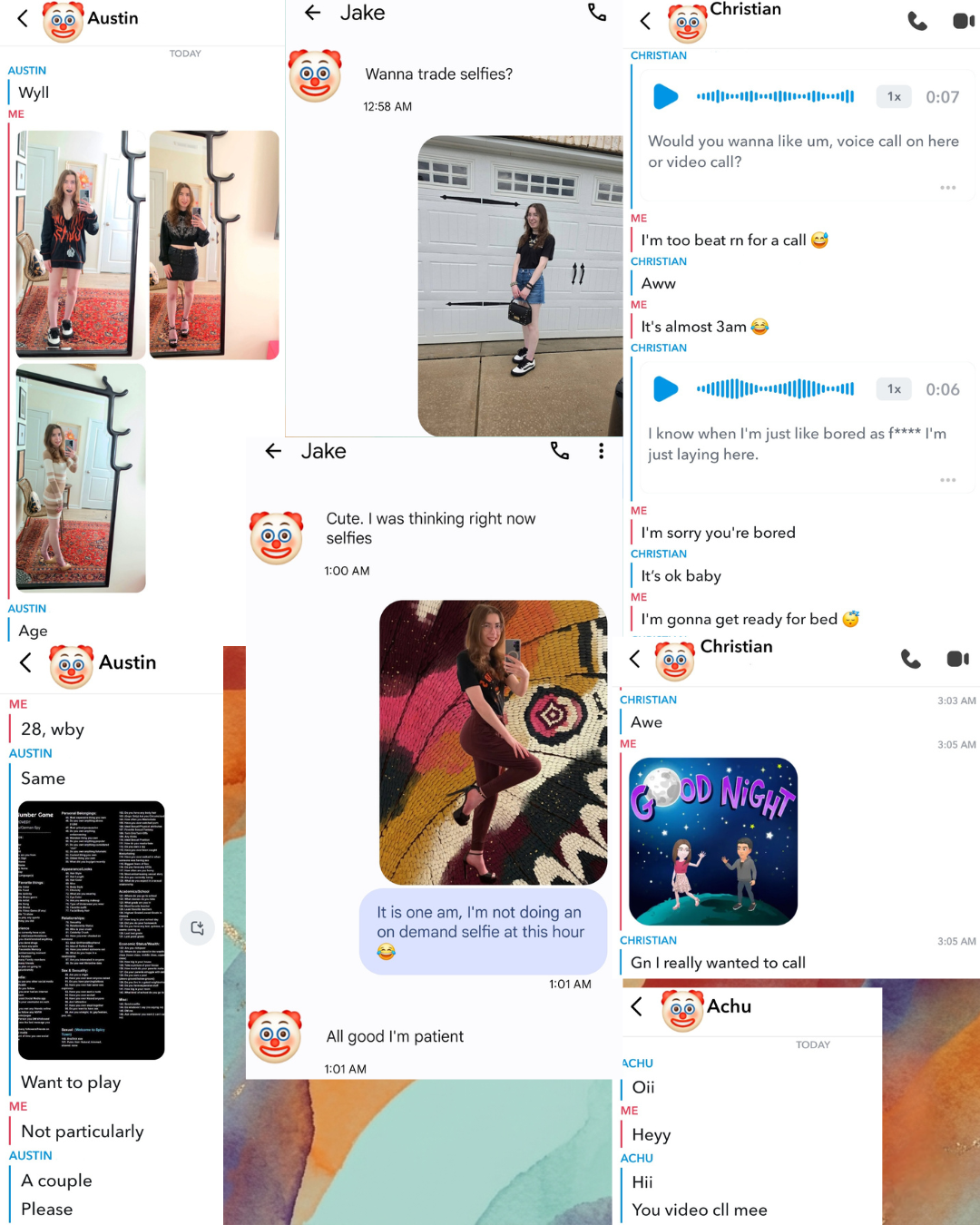 ​A compilation of late-night Snapchat chat screenshots with redacted boxes covering text sections, highlighting funny digital conversation boundaries.