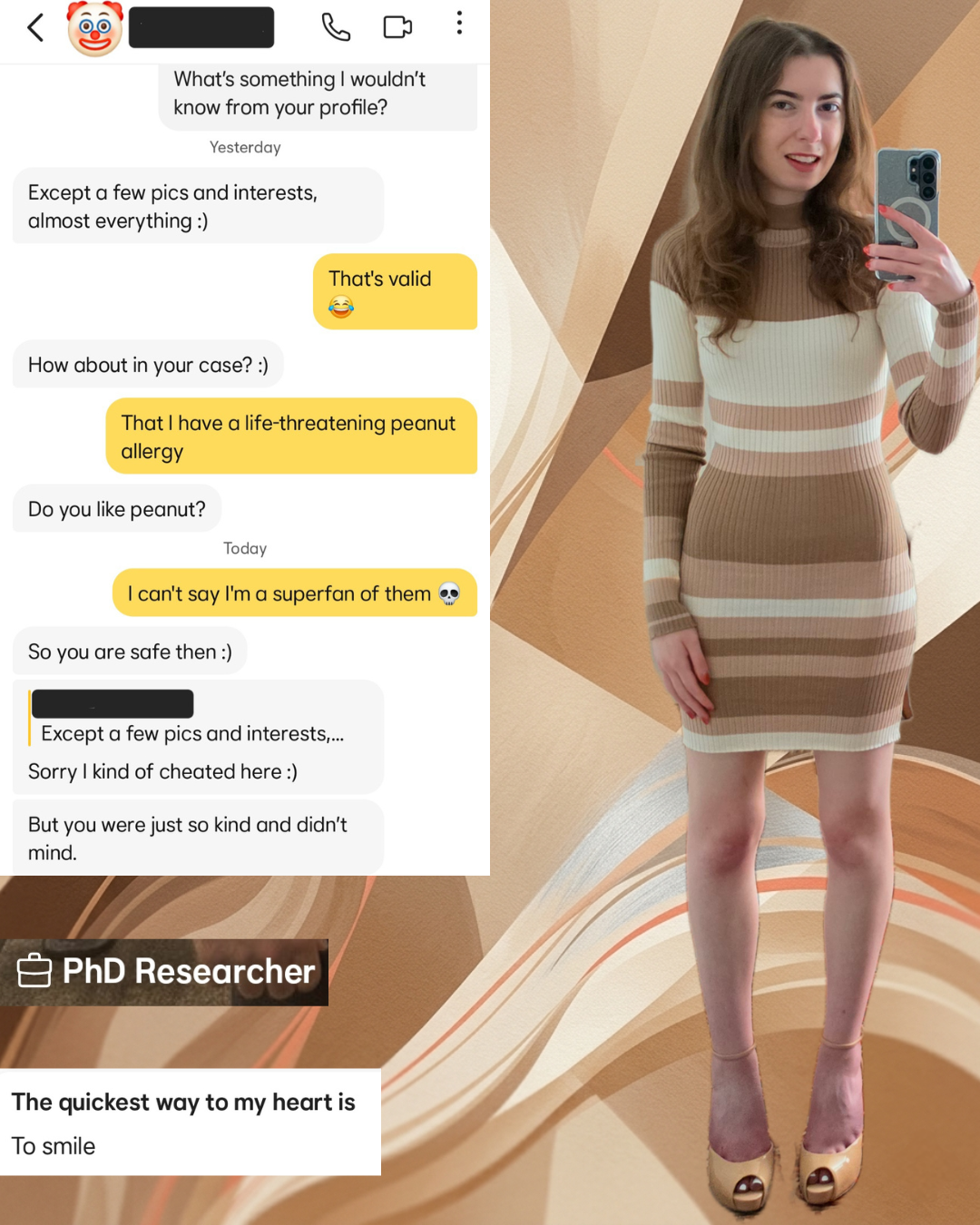 Screenshot of a dating app conversation where a "PhD Researcher" incorrectly thinks a life-threatening peanut allergy is just a food preference, paired with a full-length photo of a woman in a striped dress.