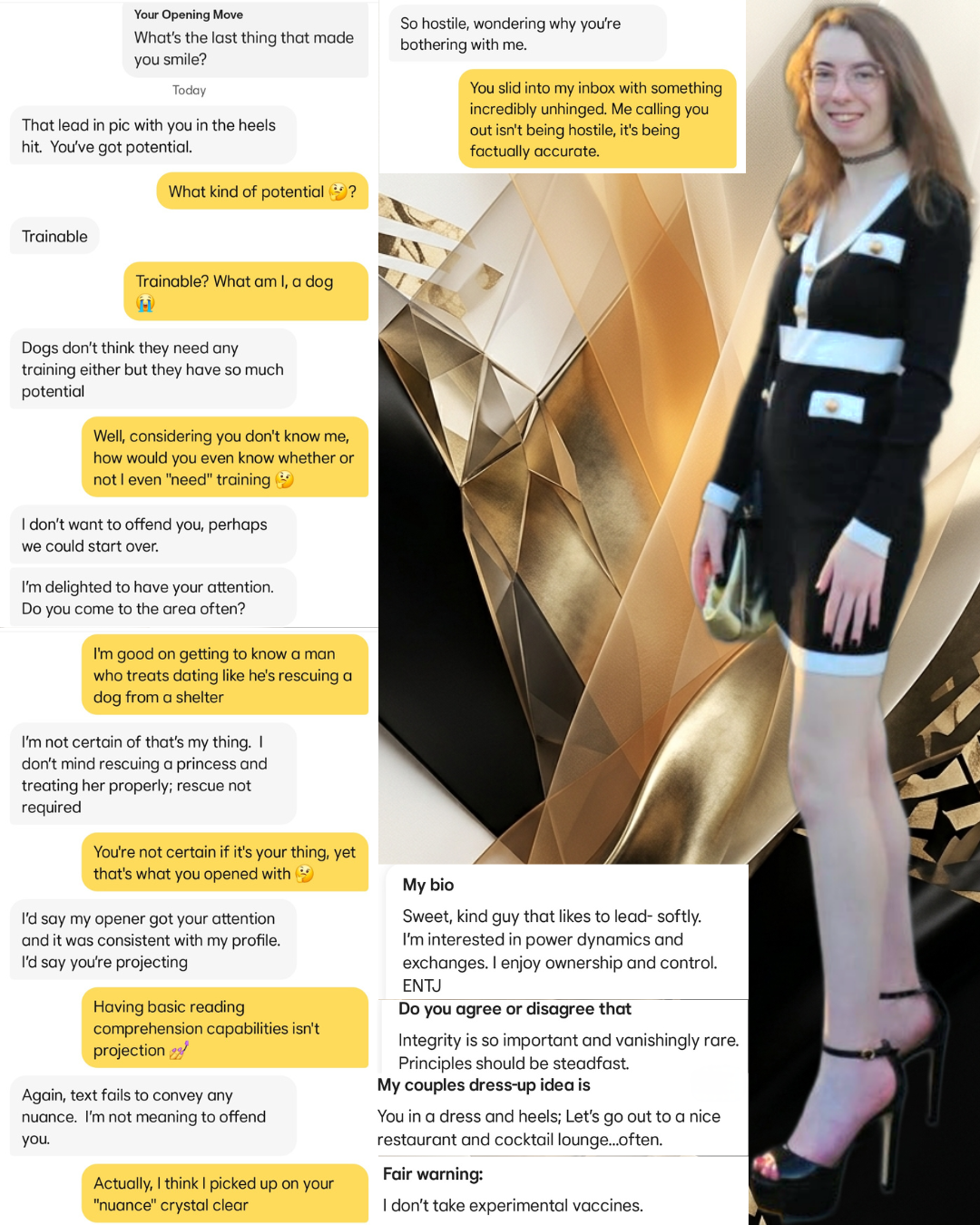 Collage of a Bumble chat roast where a match calls a woman trainable, paired with profile bio excerpts about power dynamics and control, next to a full-body photo of a woman in a black and white dress with heels.