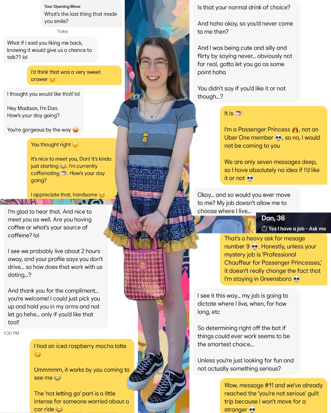 Digital dating roast featuring a content creator wearing a blue striped crop top & floral skirt centered between text bubbles of a conversation with a man named Dan. The background is a vibrant, abstract maximalist pattern in blue, pink, and yellow.