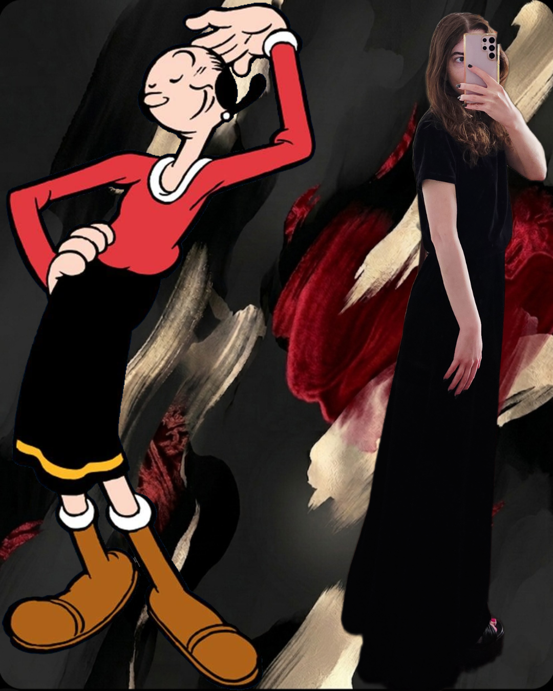 Side-by-side comparison: 1920s public domain Olive Oyl illustration in a red shirt and black skirt vs. a mirror selfie of a woman in a long black dress. The background features bold, abstract paint strokes in red, gold, and charcoal black.