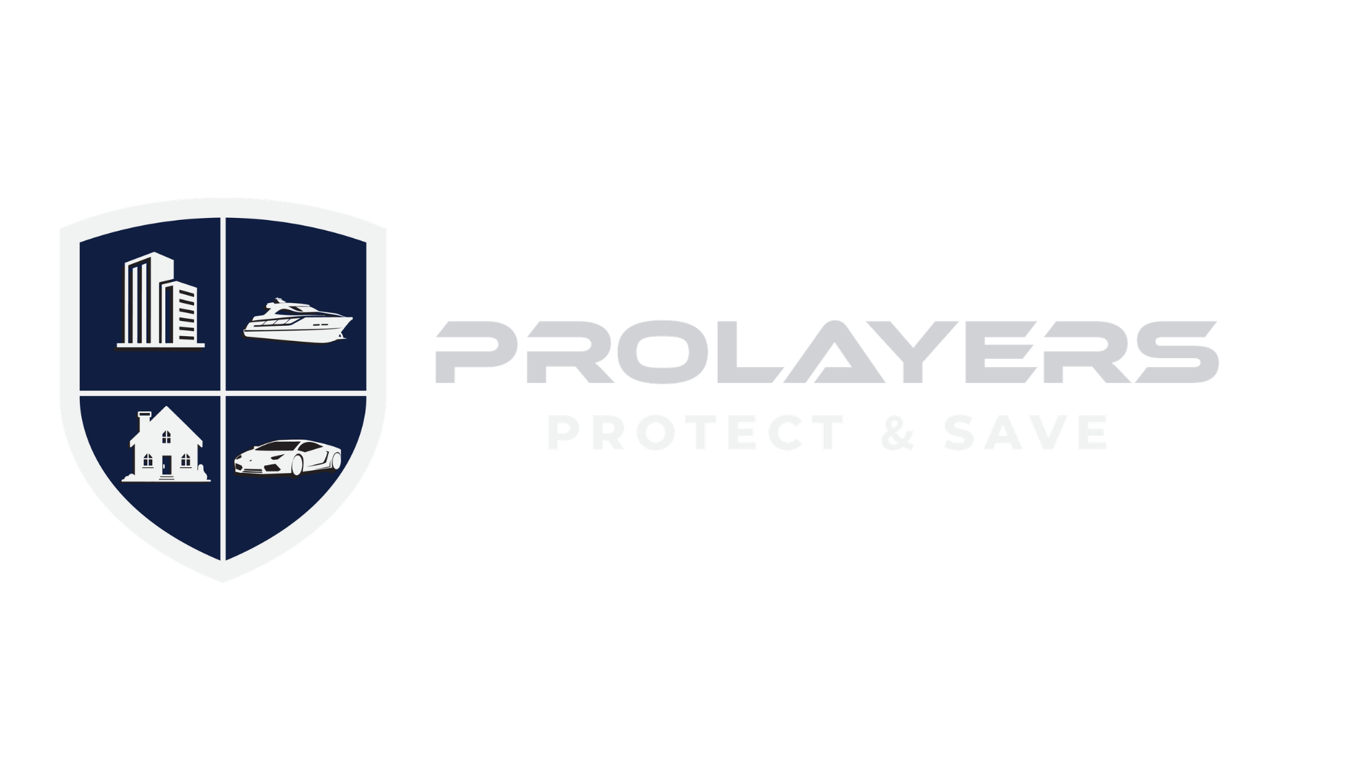 Logo featuring a shield divided into four sections with icons of a tall building, a yacht, a house, and a sports car, alongside the text 'PROLAYERS PROTECT & SAVE'.