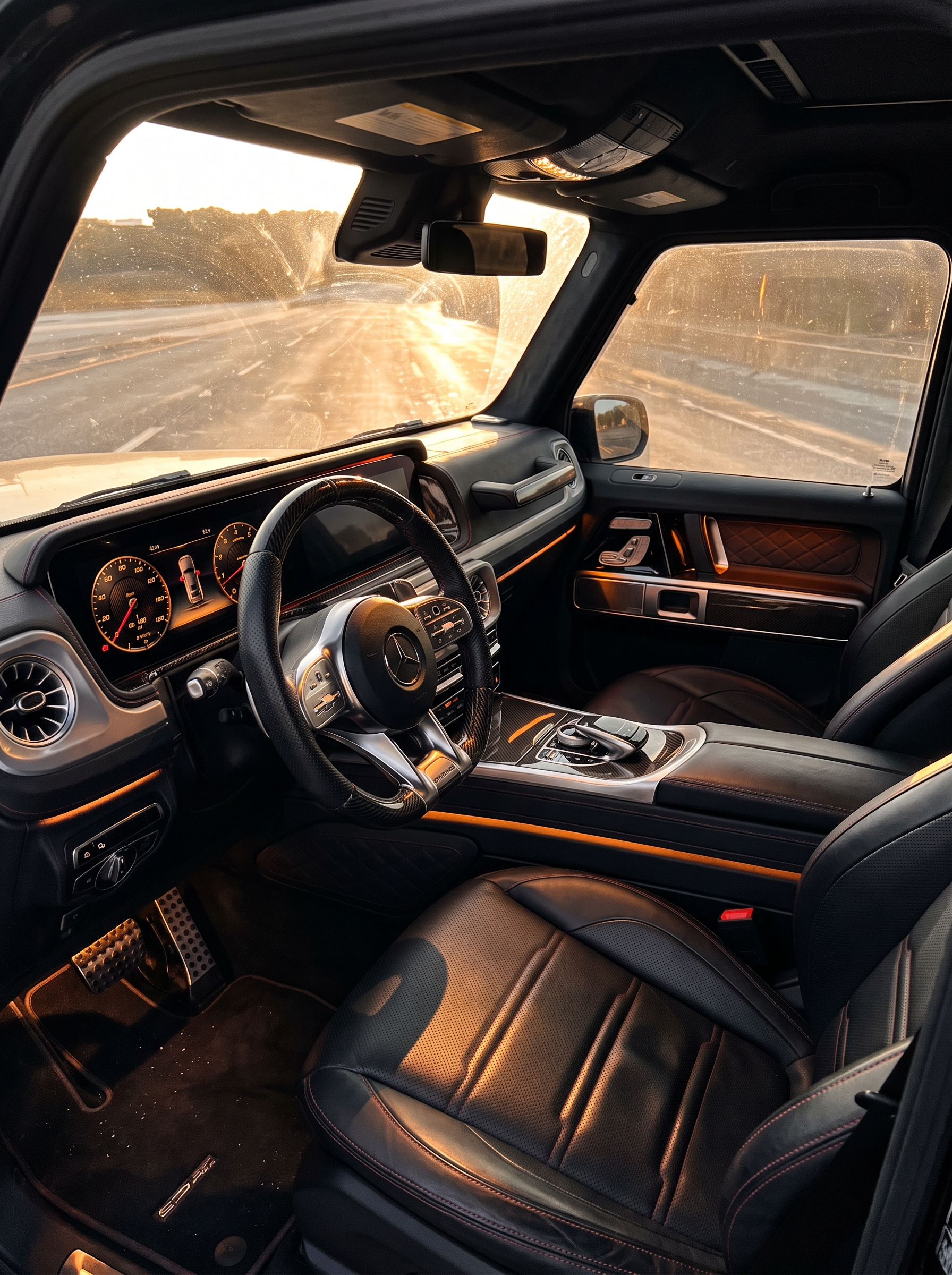 View of a luxury vehicle interior at sunset with leather seats, dashboard, steering wheel, and sunroof, showing a scenic highway through the windshield.