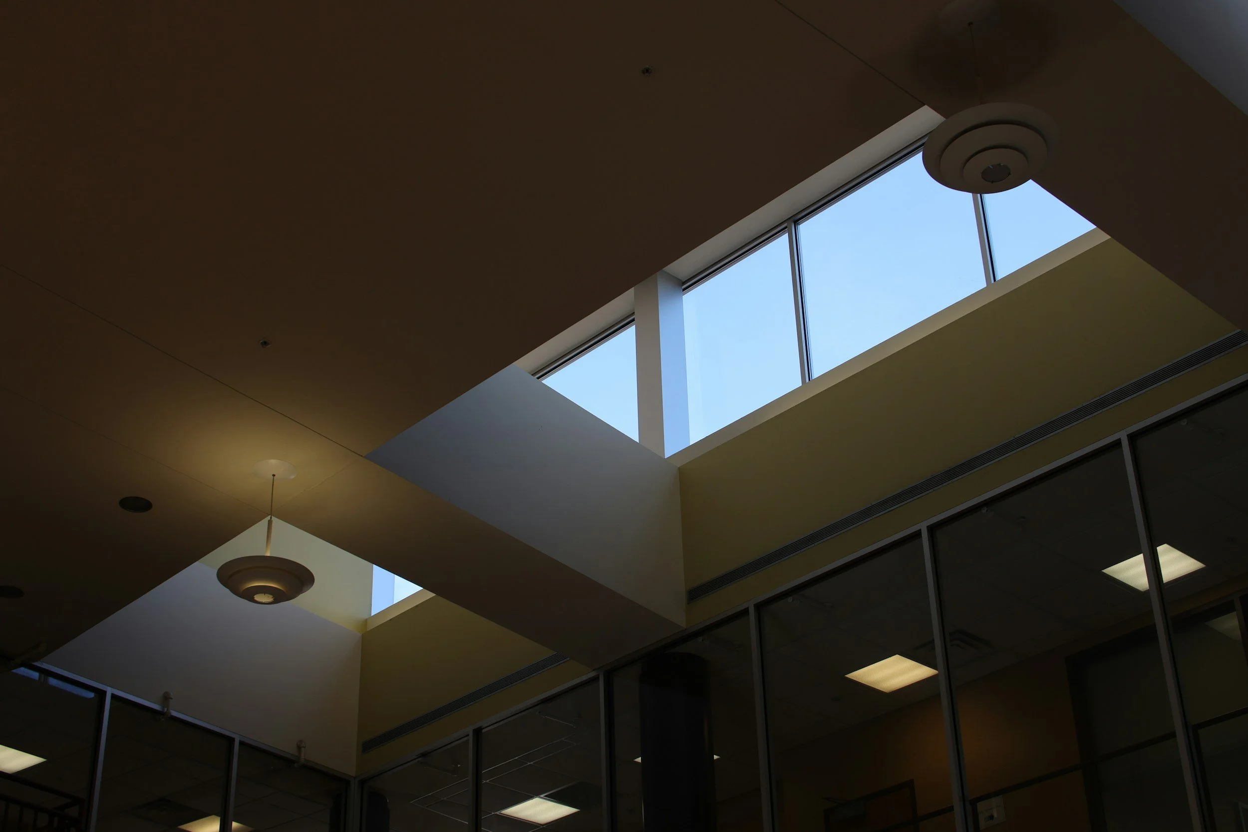 Indoor scene with a large skylight window letting in natural light, ceiling-mounted lights, and a partial view of window blinds or glass walls.