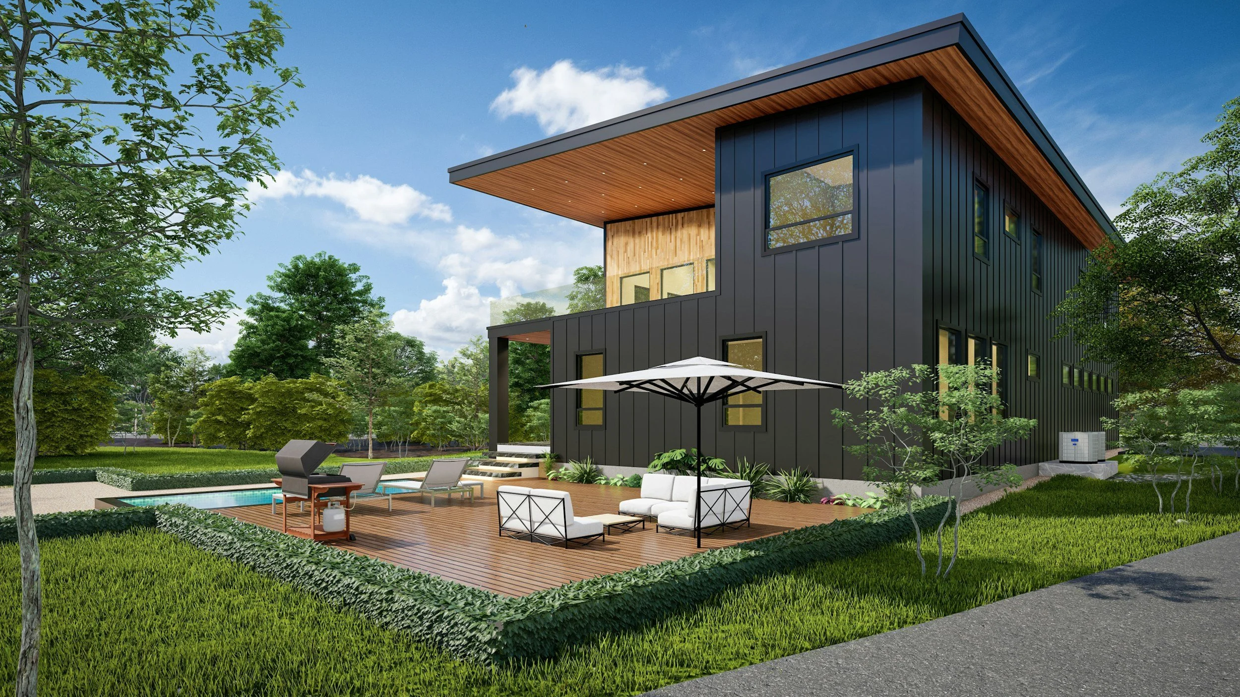 Modern black house with wooden accents and large windows, surrounded by a well-maintained lawn and trees, featuring an outdoor seating area with white furniture, umbrellas, a fire pit, and a small swimming pool.