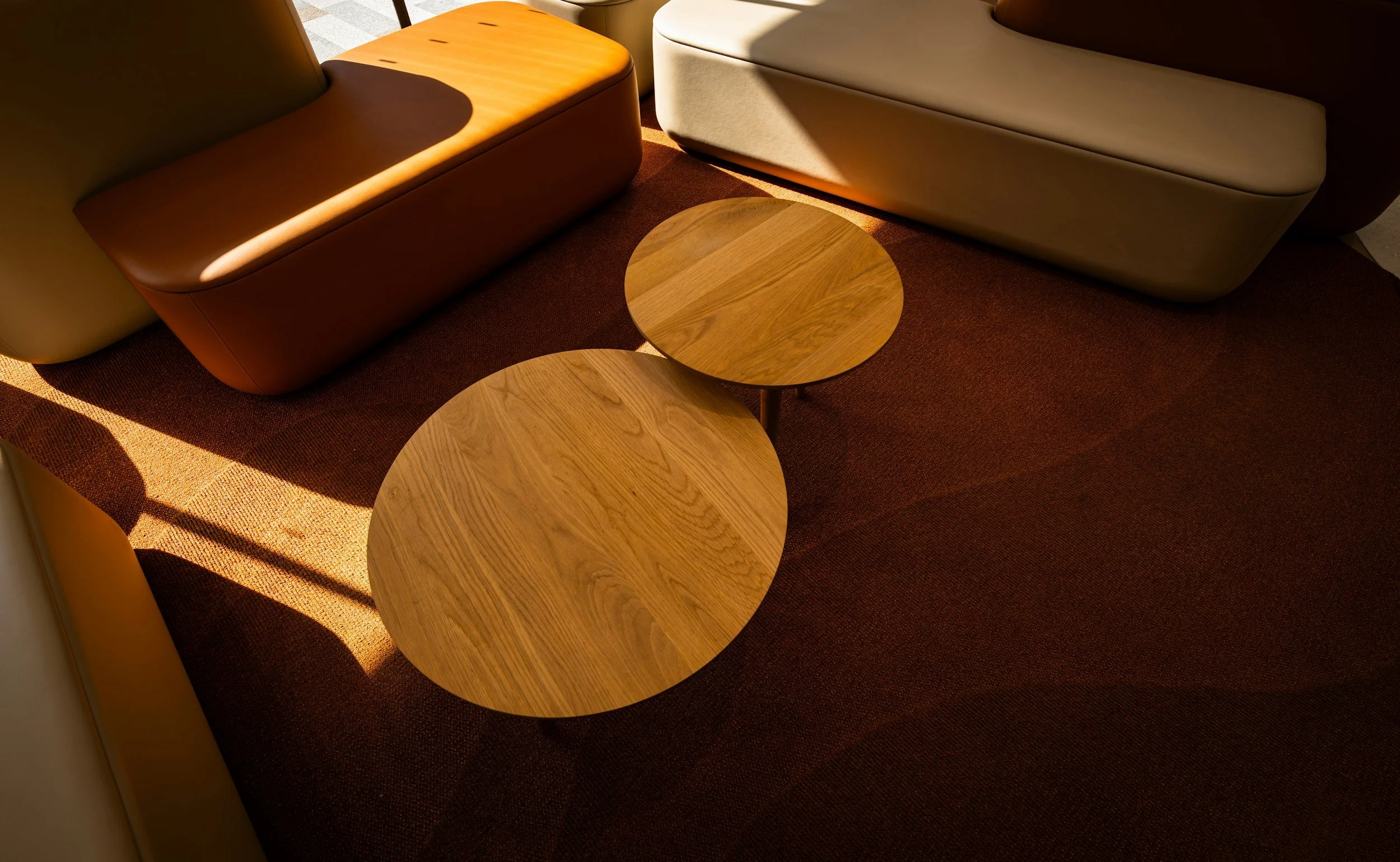 Close-up view of two round wooden tables with visible wood grain, placed on a brown carpet, with sunlight casting shadows on a beige and brown couch in the background.