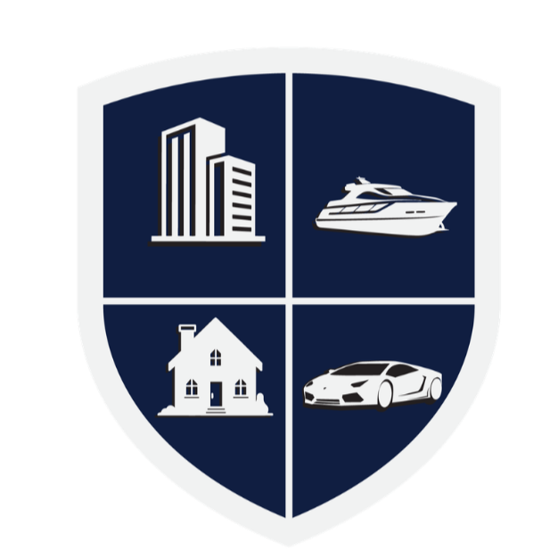 A shield emblem divided into four quadrants showing city buildings, a yacht, a house, and a sports car.