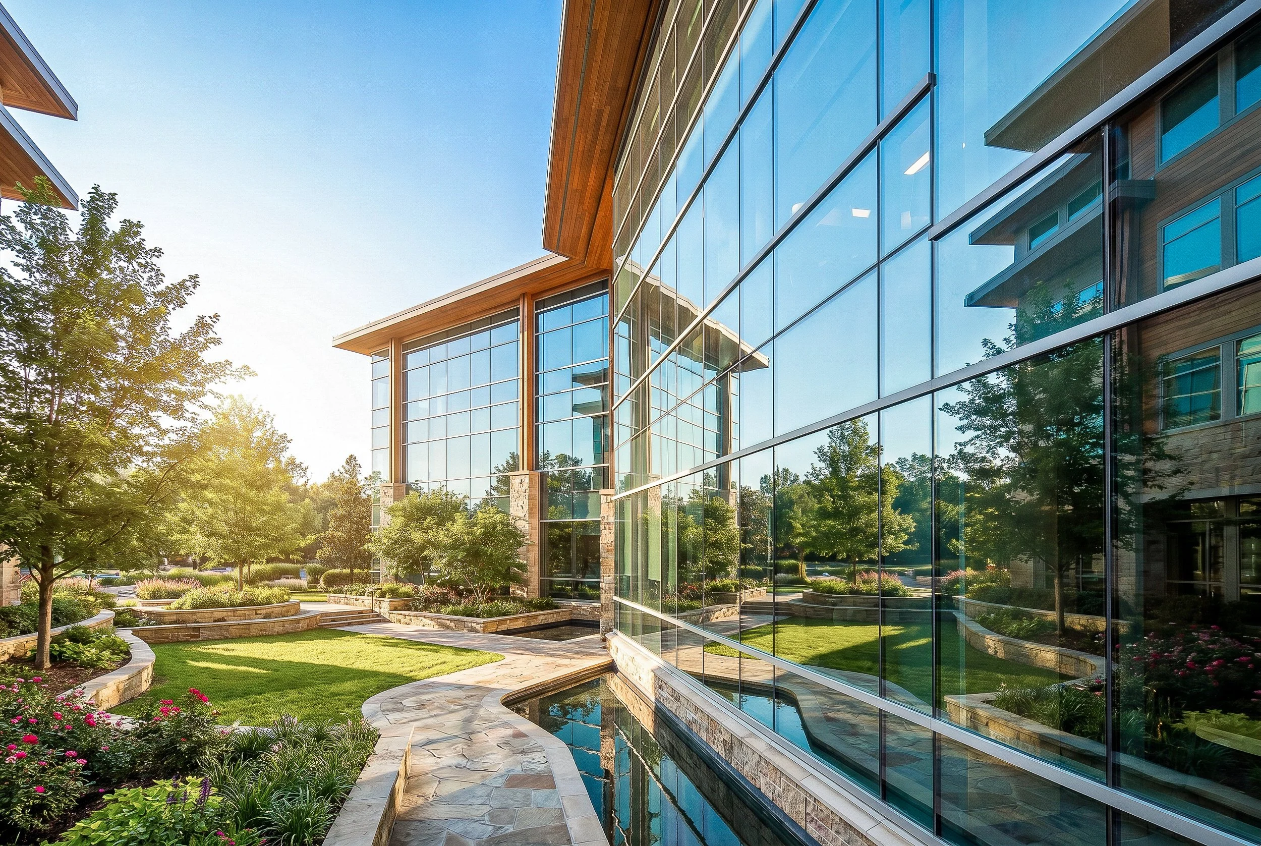 Modern building with large glass windows reflecting trees, with landscaped garden and small water feature in the foreground.
