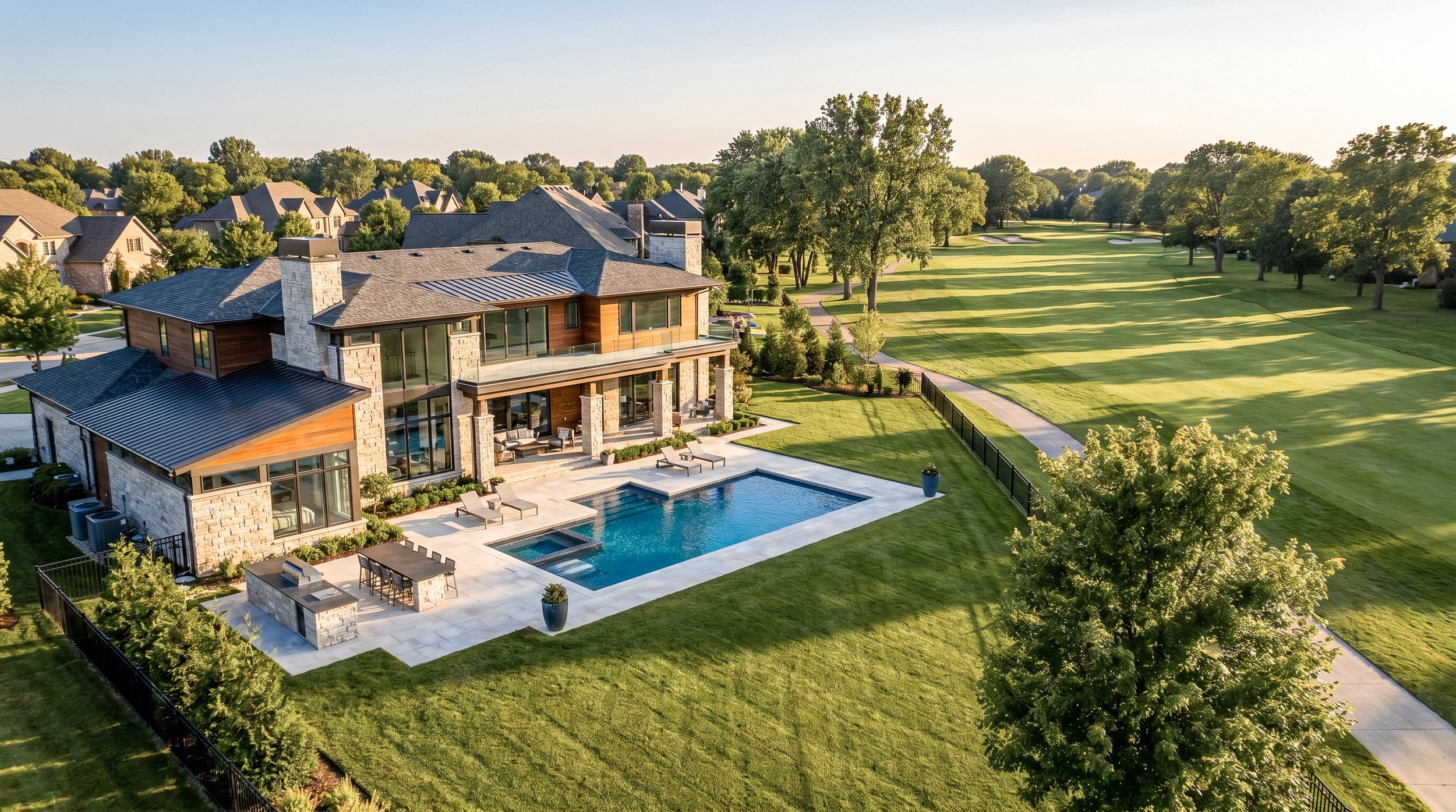 A modern house with large windows, a swimming pool, and a backyard overlooking a golf course with trees and a walking path.