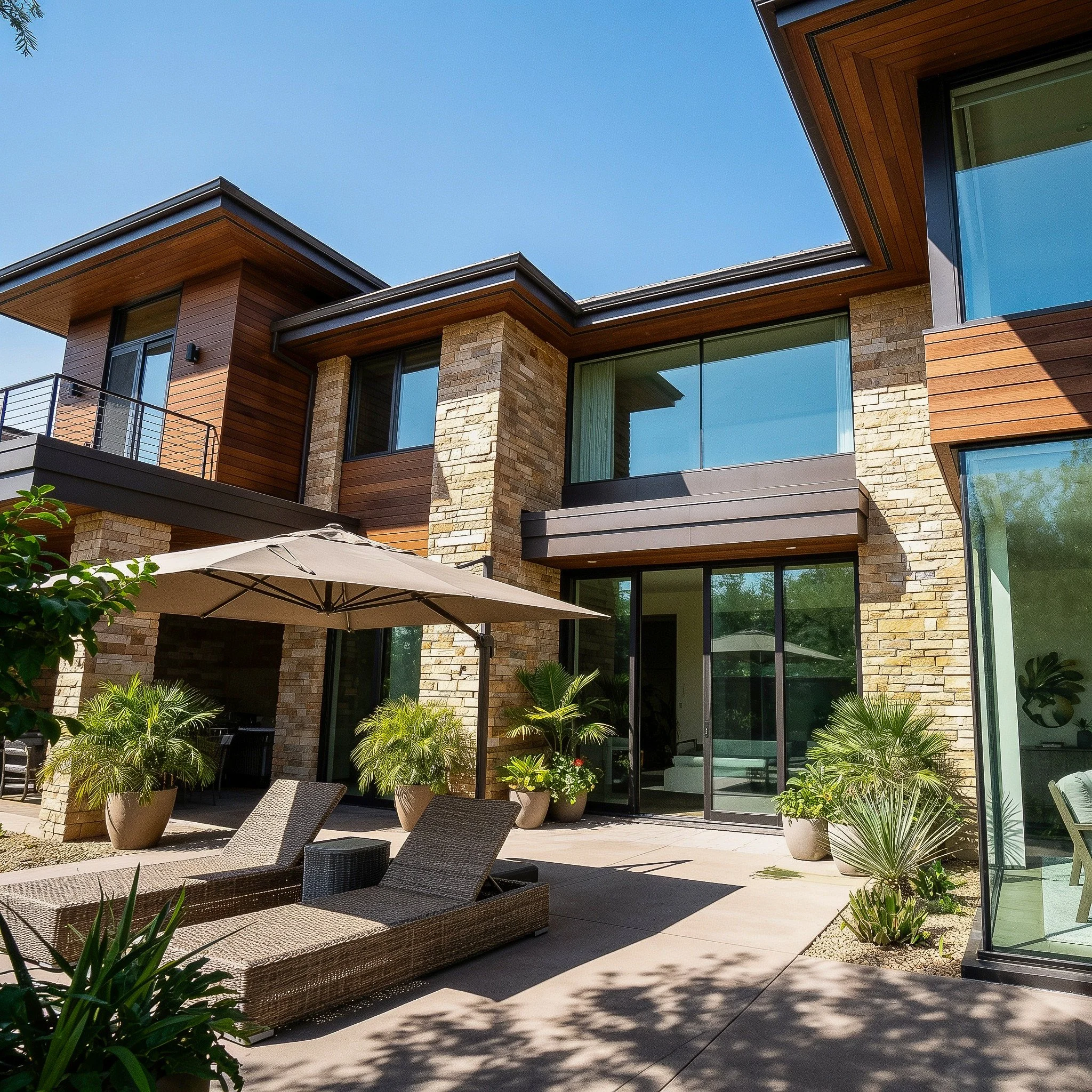 Modern multi-story house with brick and wood exterior, large glass windows, outdoor patio area with lounge chairs, potted plants, and an umbrella, under a clear blue sky.
