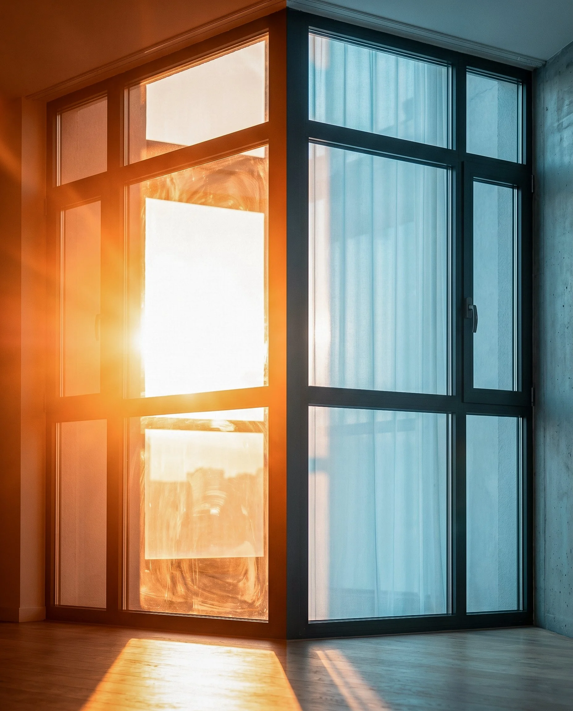 A room with large glass windows, divided into four sections. The left section has warm orange sunlight, while the right section has cool blue light, creating contrasting atmospheres.