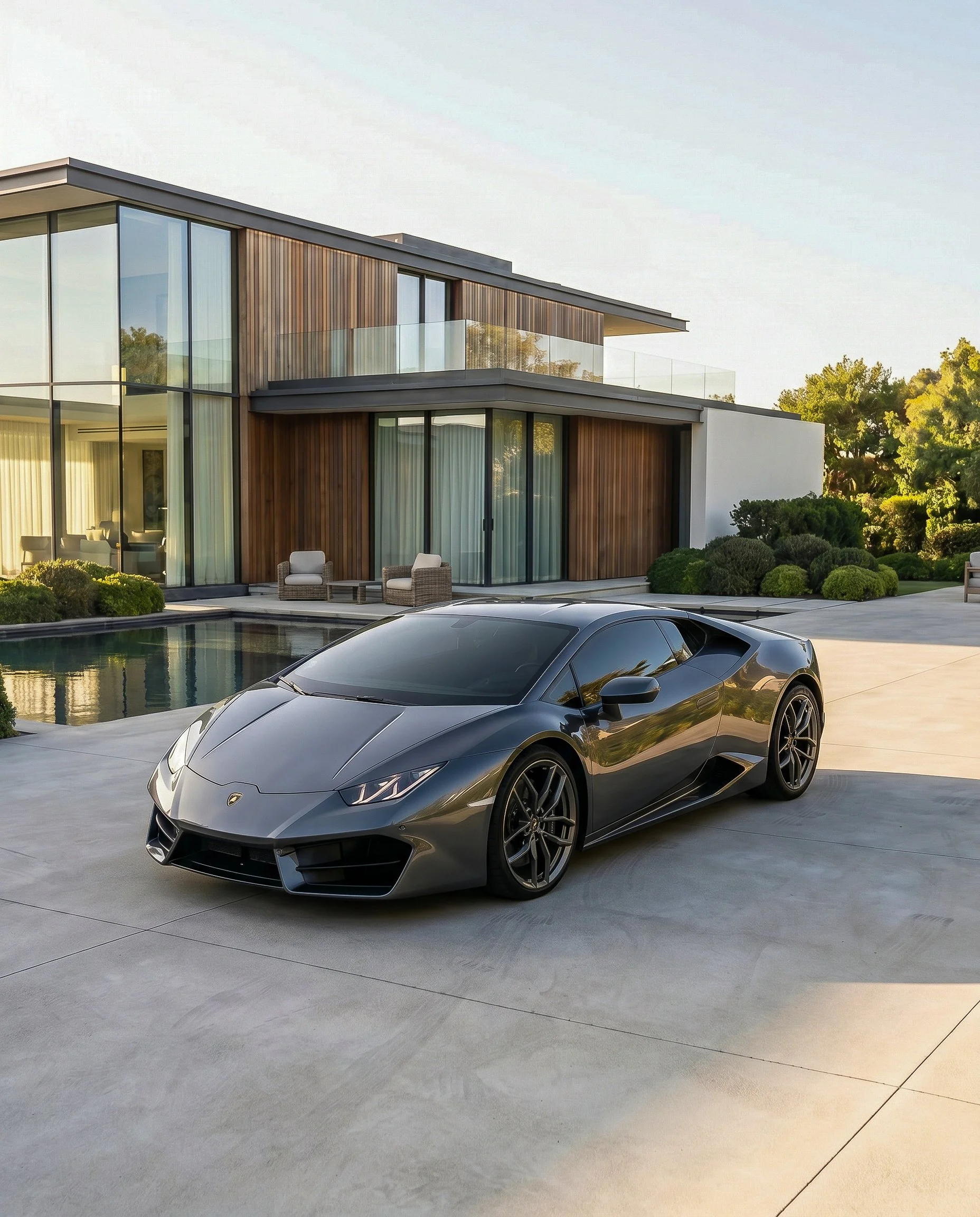 A sleek, silver sports car parked on a concrete driveway in front of a modern house with large glass windows, wooden accents, and an outdoor seating area with two wicker chairs. There is greenery and trees in the background.