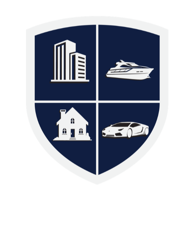 A shield-shaped logo divided into four quadrants, featuring icons of city buildings, a yacht, a house, and a sports car, on a dark blue background with a white border.