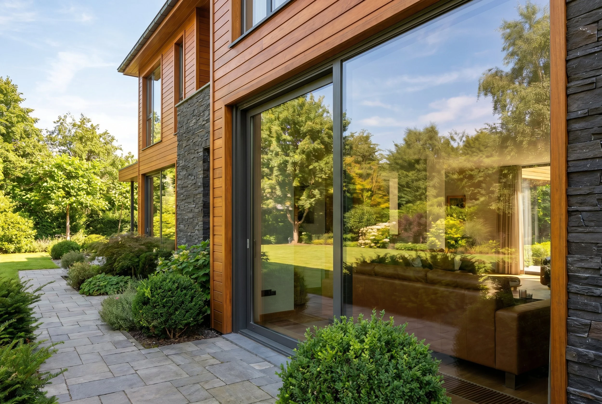 Modern house with large glass windows, wooden siding, and stone accents, surrounded by a landscaped garden and trees under a clear blue sky.