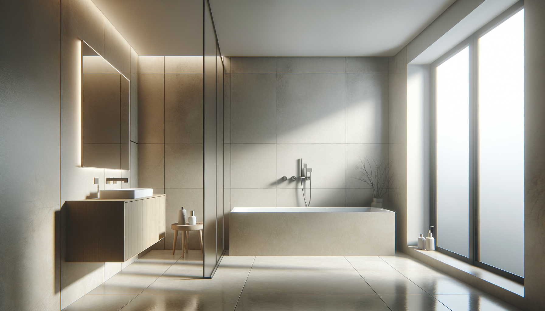 Modern bathroom with a bathtub near large frosted windows and a floating vanity with a mirror and sink.