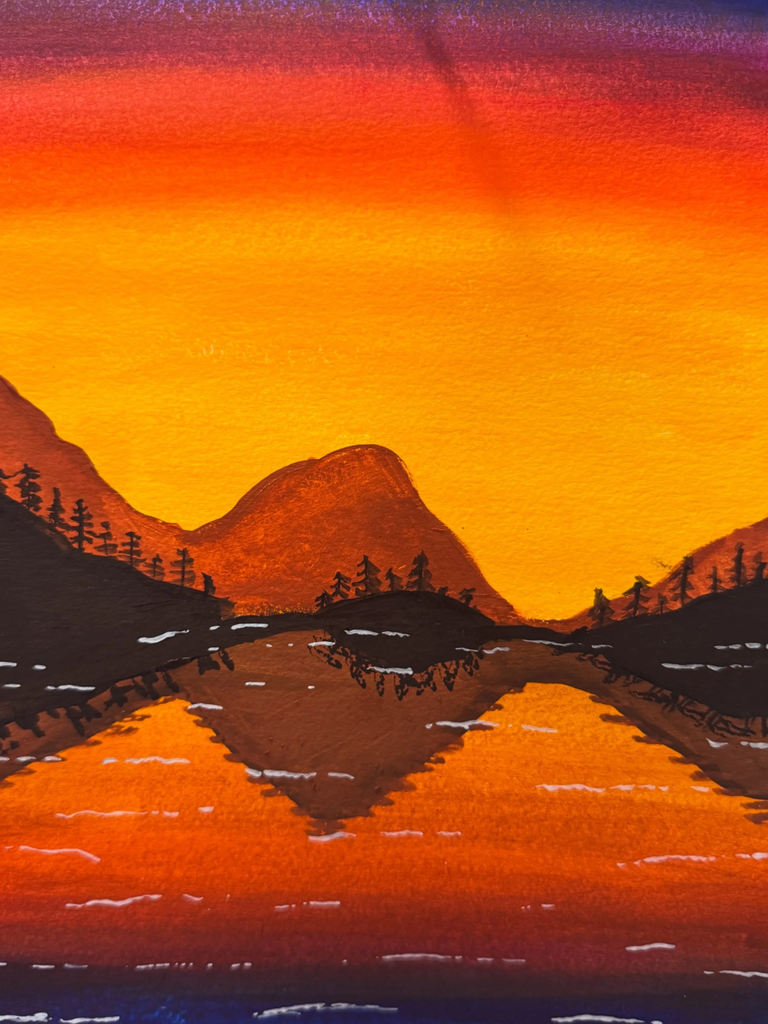 Mountain Lake Sunset Watercolor Series