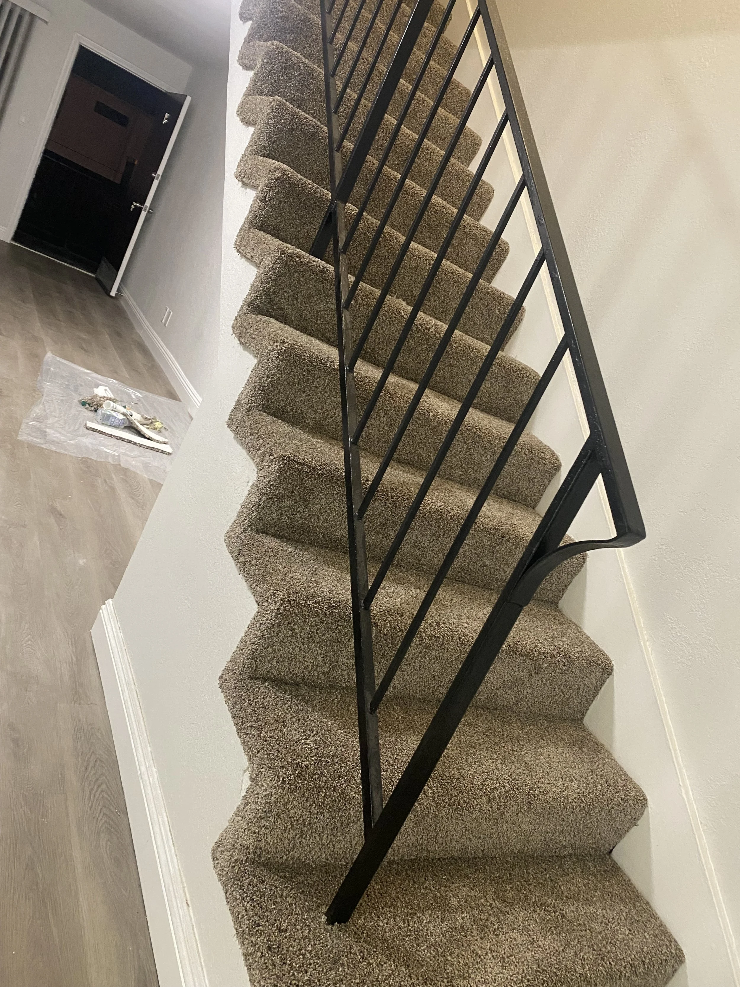 Carpeted staircase viewed from the side with a black metal railing on the right. The staircase has beige and brown carpeting. To the left, a section of hardwood floor and doorway are visible.