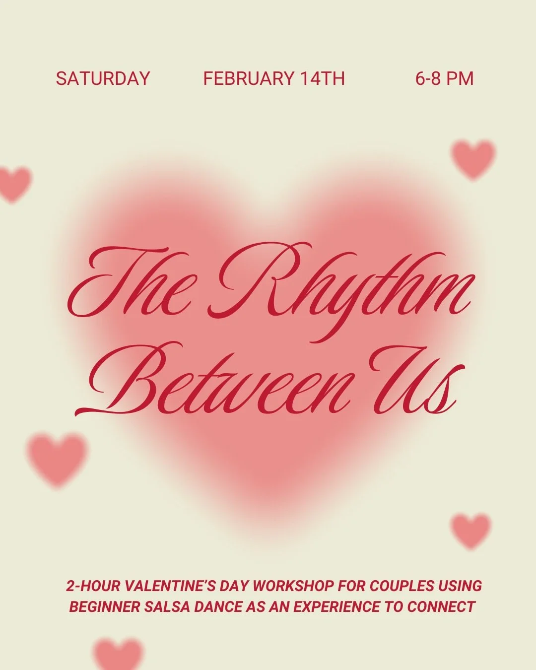 This Valentine&rsquo;s Day, step out of your head and into each other&rsquo;s arms❤️

The Rhythm Between Us is a 2-hour couples workshop using beginner salsa dance as a way to reconnect, communicate, and play together. In a world full of distractions