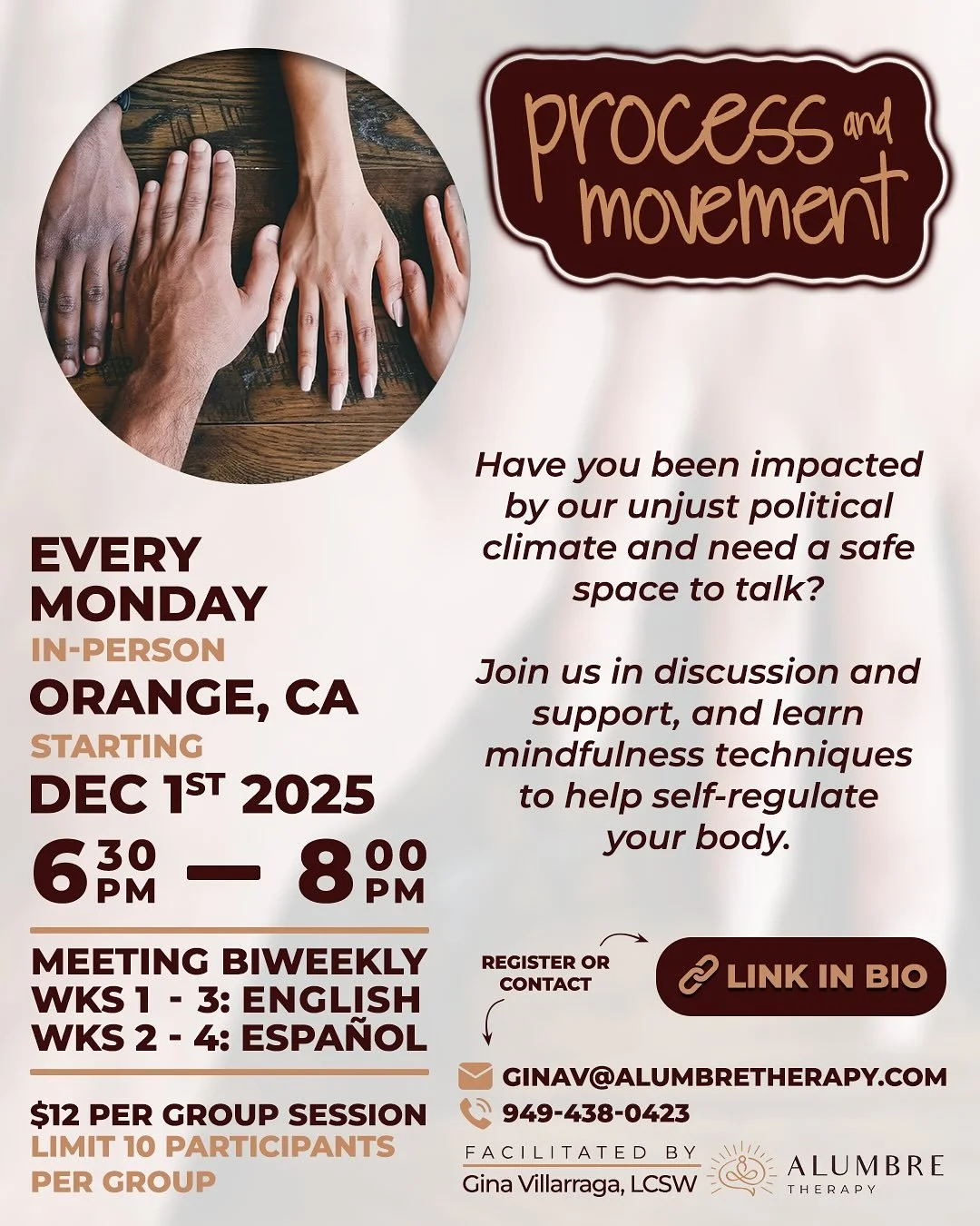 At Alumbre Therapy, human compassion and activism is a value to honor. This support group is a way to support those directly affected by the unjust ICE raids. We understand the impact this systemic oppression is causing on our nervous systems, famili