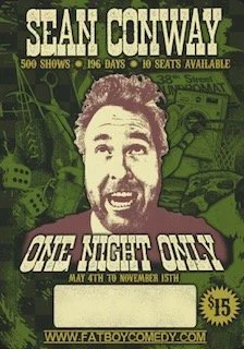 Comedy show poster for Sean Conway's one-night-only performance, featuring a cartoon illustration of Sean Conway with a green and purple background, details about the date, location, and ticket price.