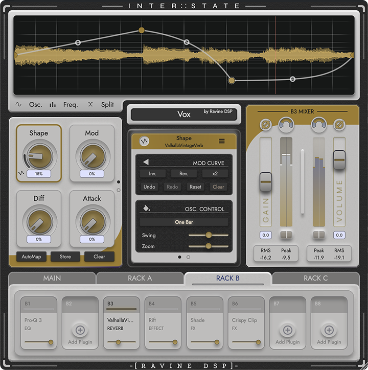 Music production software interface with waveform display, several control sliders, and effects modules including reverb and EQ.