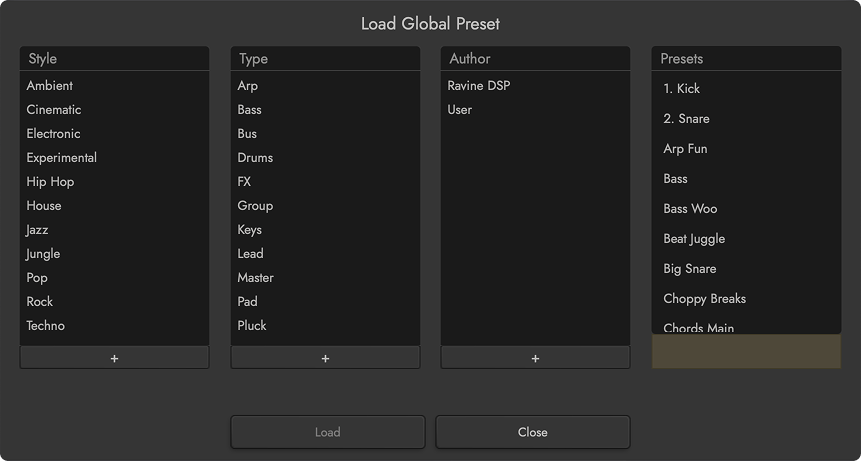 Inter::State preset browser with categories, tags, and saved presets