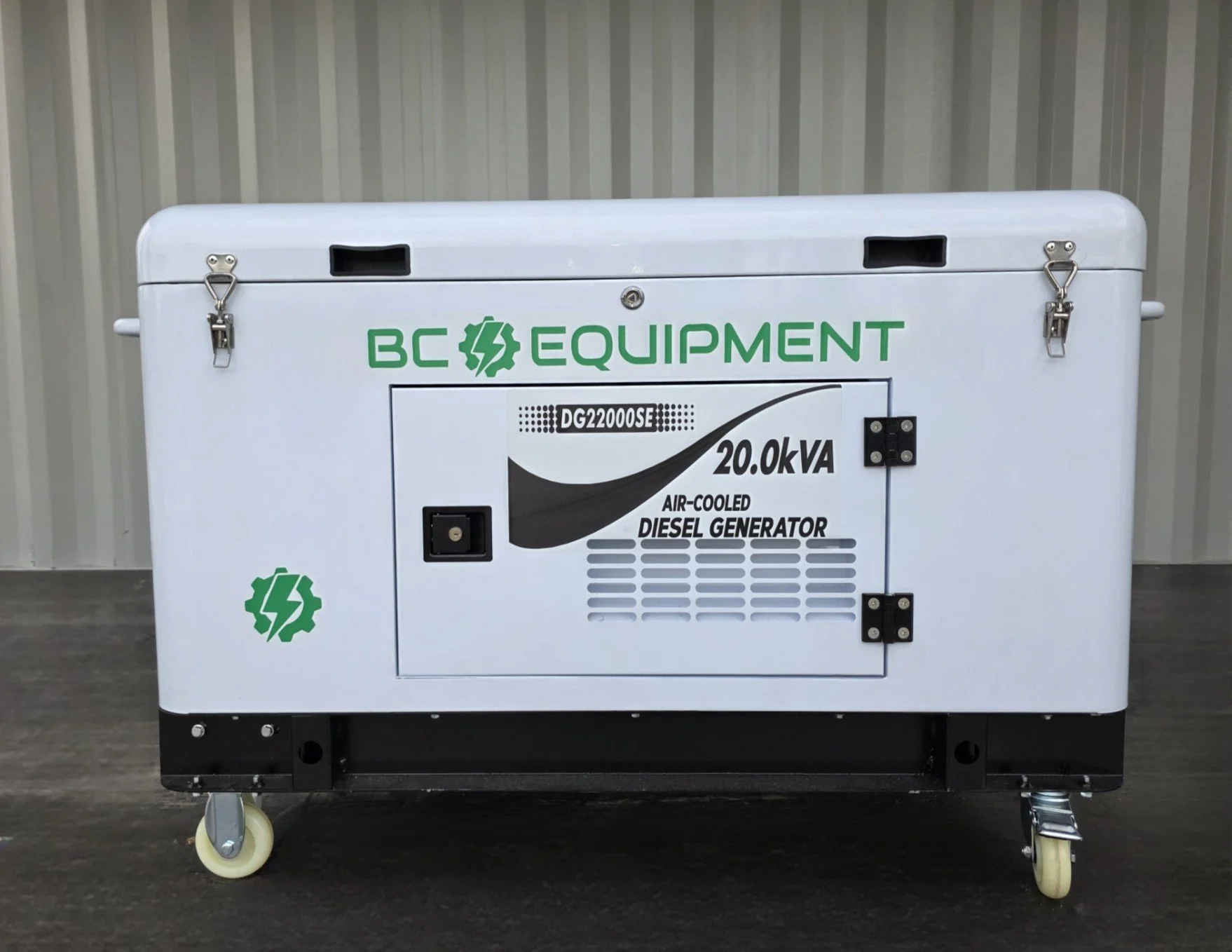 BC Equipment 20.0 kVA air-cooled diesel generator in a white enclosure with casters