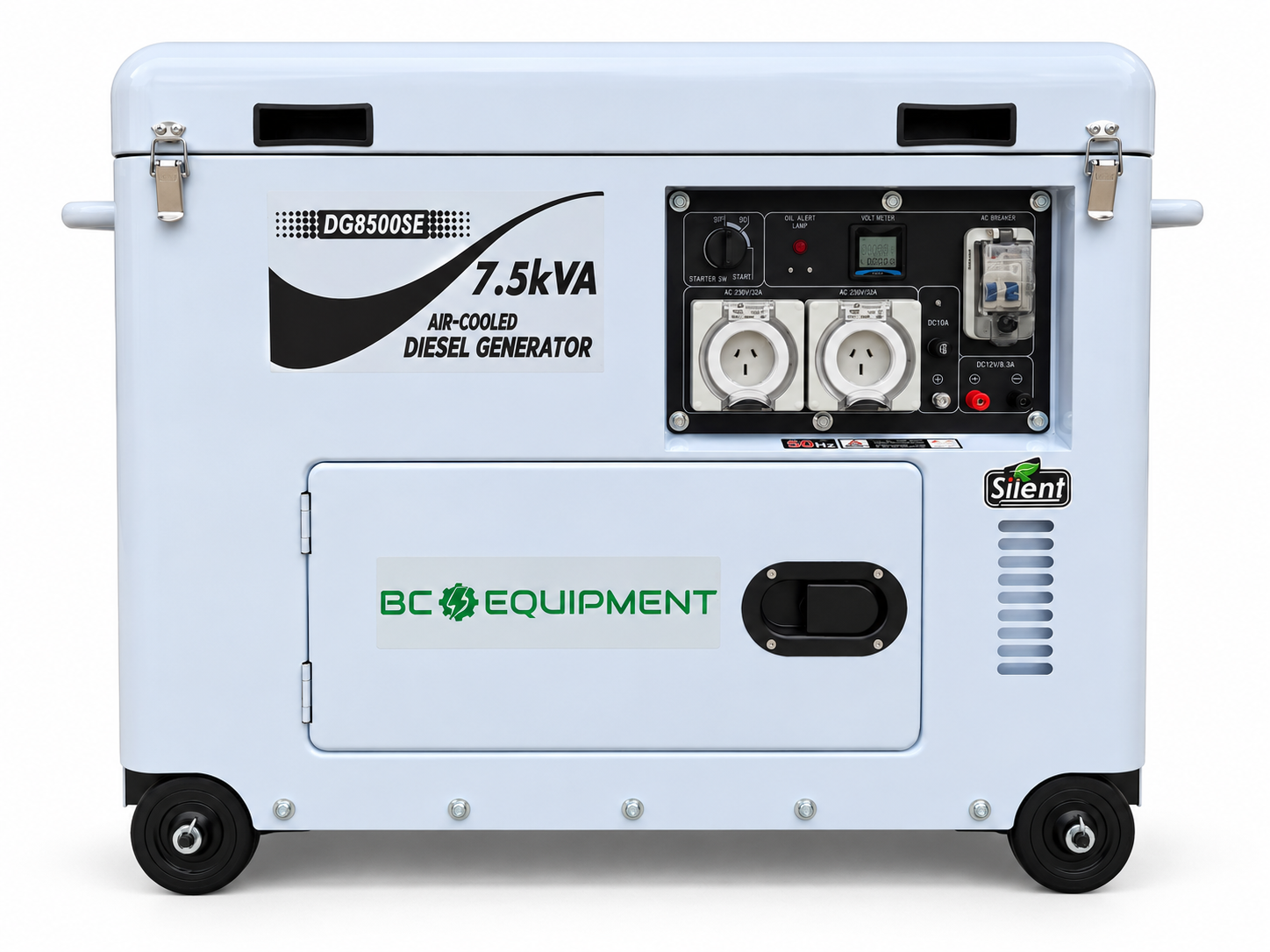 Enclosed 7.5 kVA air-cooled diesel generator with control panel, outlets, wheels, and handles