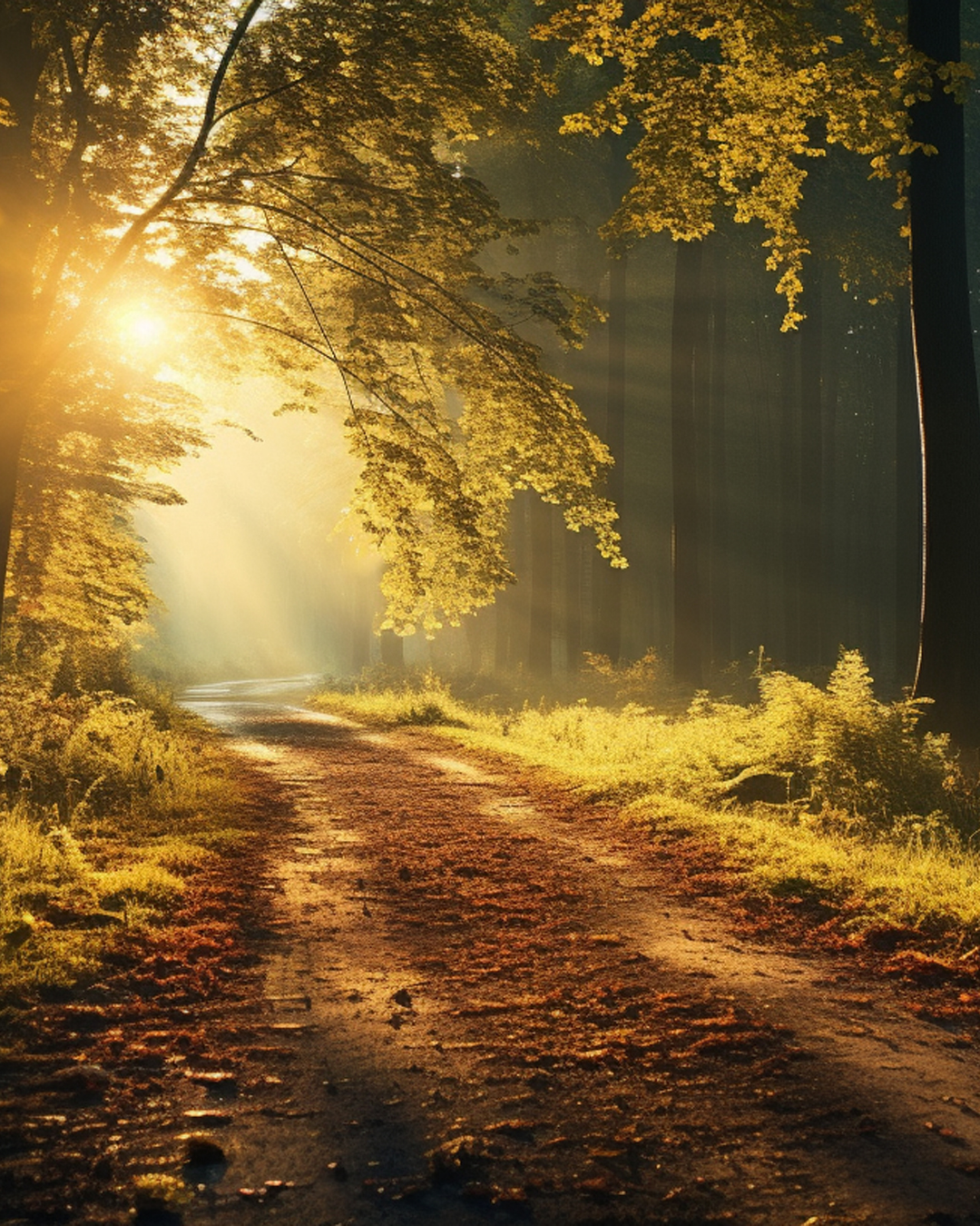 A sunlit forest pathway with sunlight filtering through yellow and green autumn leaves, casting rays onto a dirt trail surrounded by foliage.