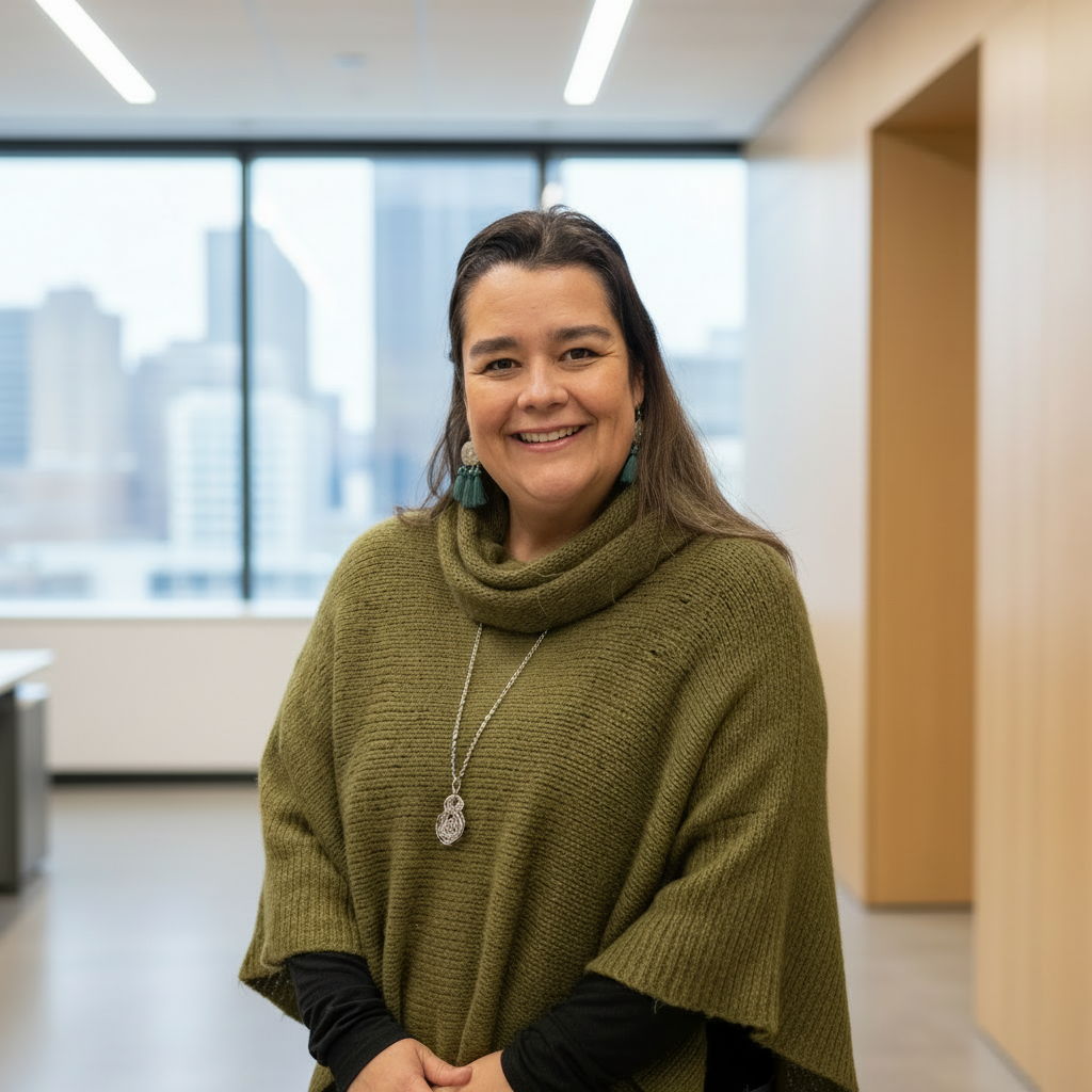 Smiling woman in a green sweater with earrings and necklace standing in an office with windows showing a cityscape.