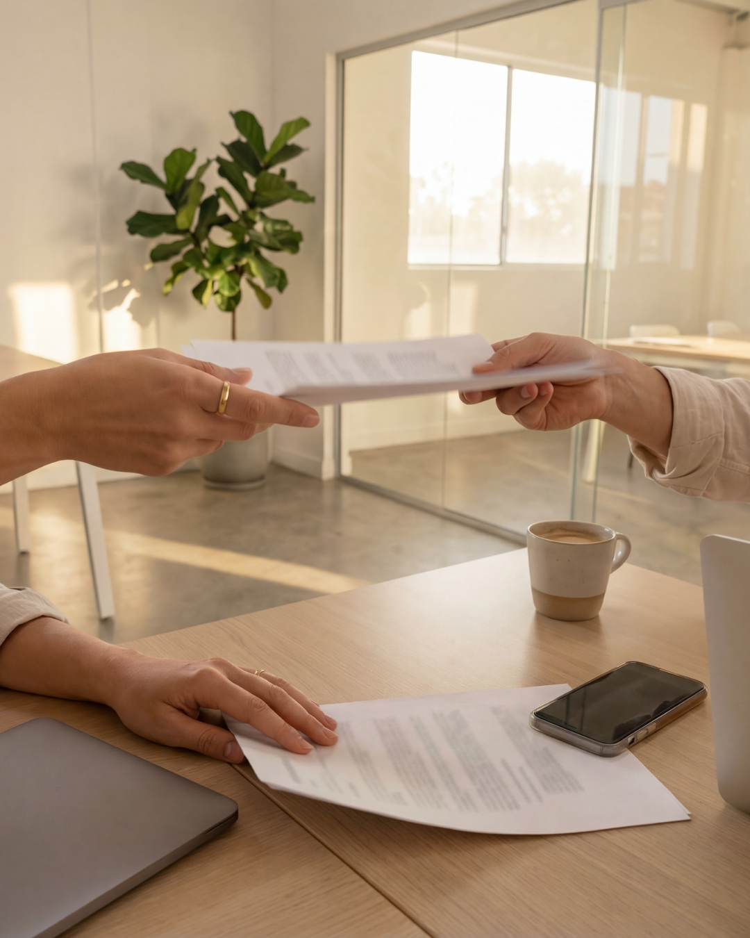 Two people exchanging documents in an office setting with a potted plant, coffee mug, smartphone, and closed laptop on the table.