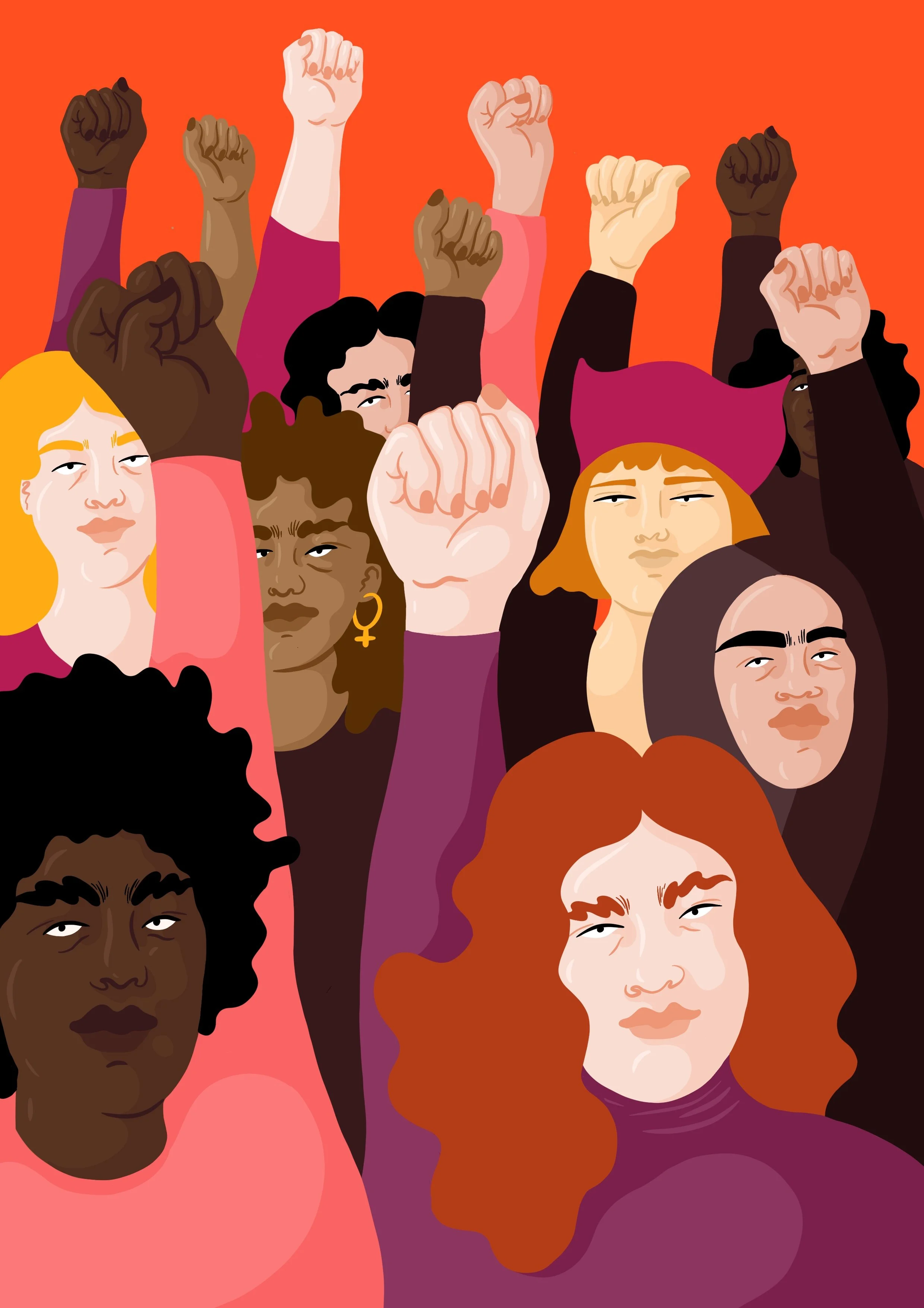 Illustration von vielfältigen Frauen mit erhobenen Fäusten, Symbol des Widerstands und der Solidarität, auf rotem Hintergrund.