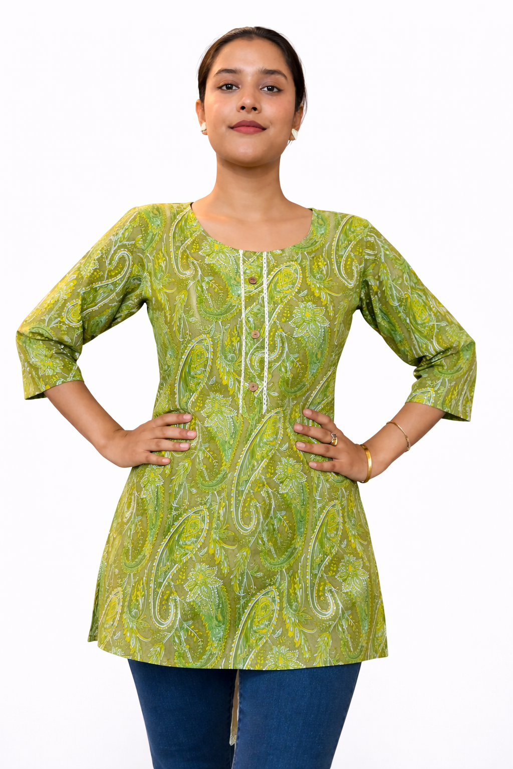 Vibrant green paisley tunic fashion.png