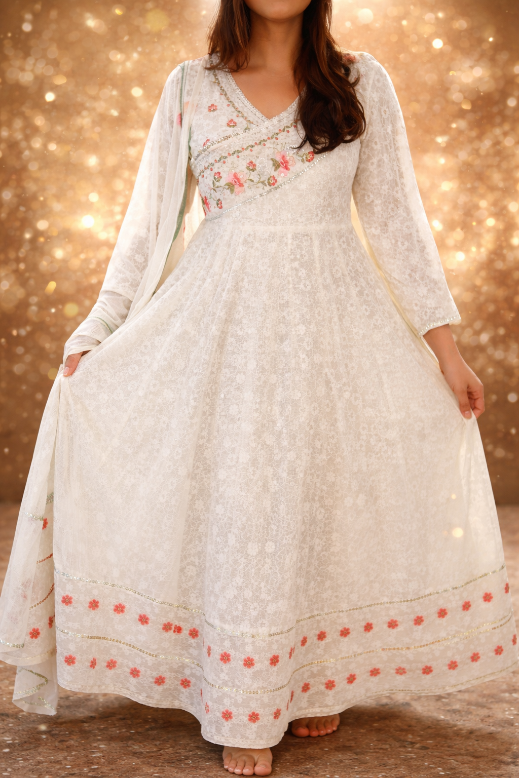White chikakari Anarkali