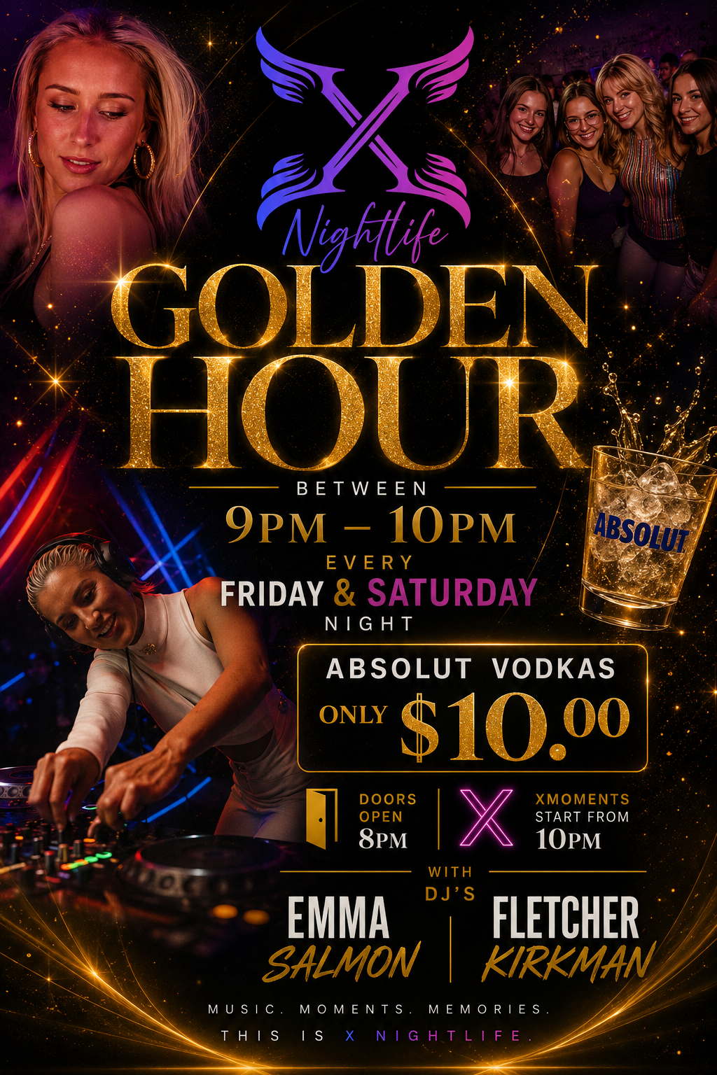 A promotional poster for a nightclub event featuring a DJ with headphones, a group of women smiling, and a glass of vodka with ice. The text highlights the event details, including time, day, pricing, and DJ lineup, set against a glittery, starry background with vibrant colors.
