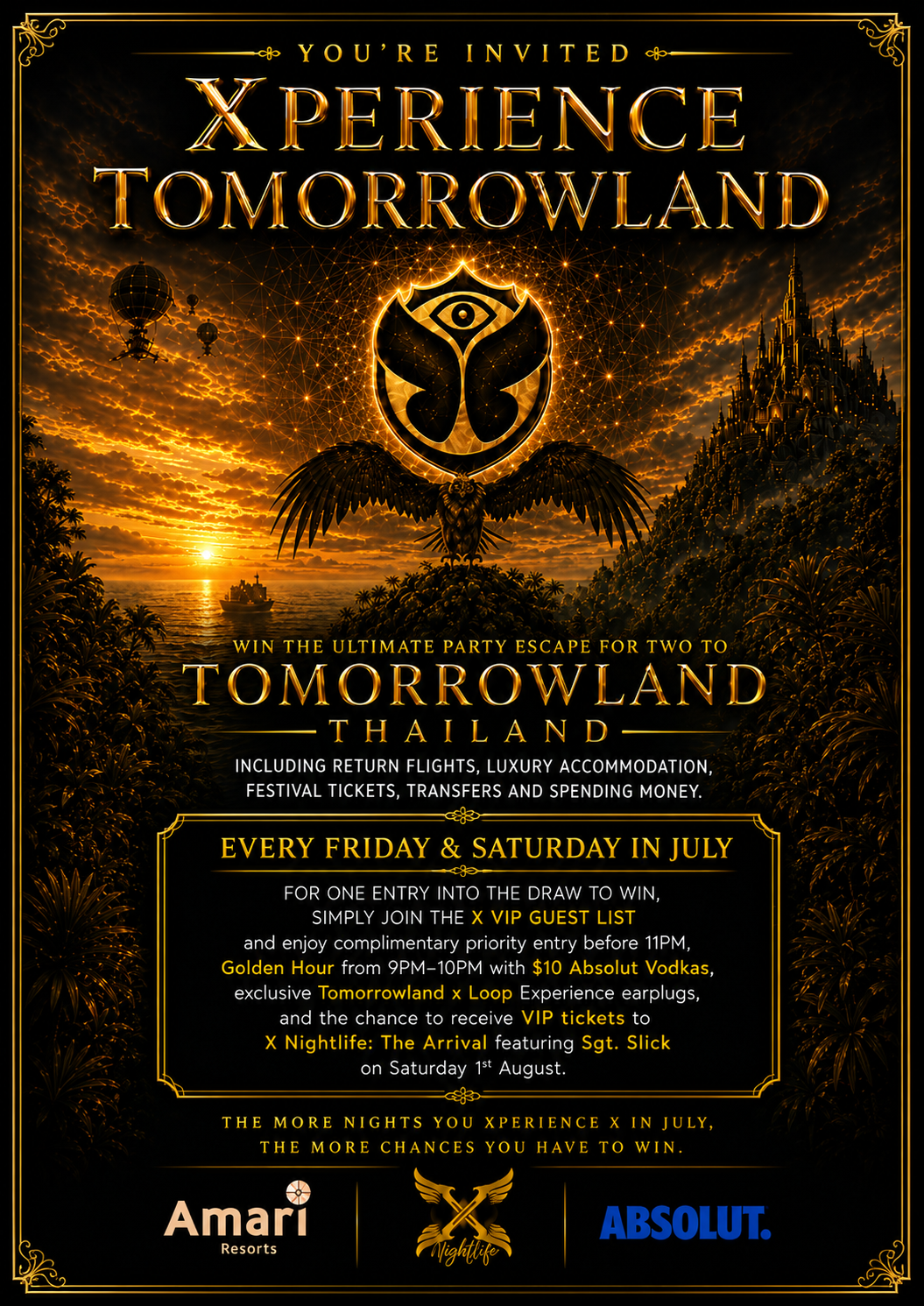 A promotional poster for Xperience Tomorrowland, a party event in Thailand. The poster features a sunset over the ocean, with hot air balloons, a mountain, and a winged emblem with an eye in the center. The event takes place every Friday and Saturday in July, with details about tickets, VIPs, and special guests.