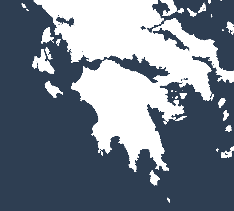 A map showing the outline of Greece in white, centering on the Pelopennese, surrounded by dark blue water and neighboring landmasses.