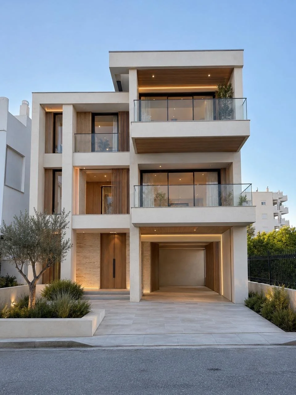Modern multi-story residential building with balconies, large glass windows, a driveway, and landscaped front yard with trees and shrubs.