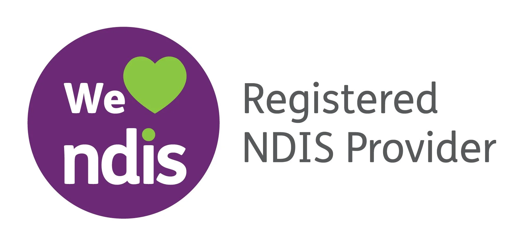 Purple circle with green heart and dot, white text reads 'We love ndis,' black text to the right states 'Registered NDIS Provider'.