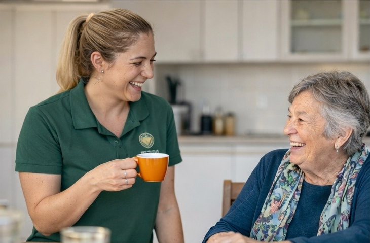 A young woman in a green shirt offering a cup of coffee or tea to an elderly woman with gray hair and a scarf, both smiling in a bright kitchen.