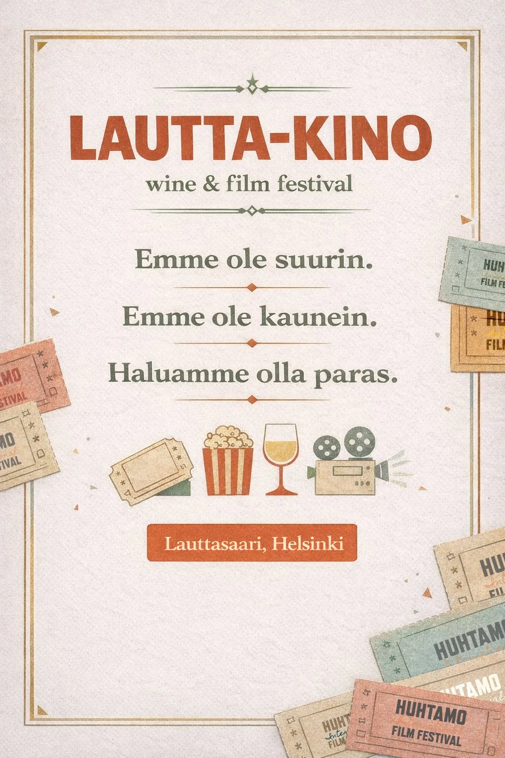 elokuva, filmi, festivaali, Lauttasaari, Helsinki, popcorn, viinilasi, sauna, filmifestivaali, onnellisten saari, viini