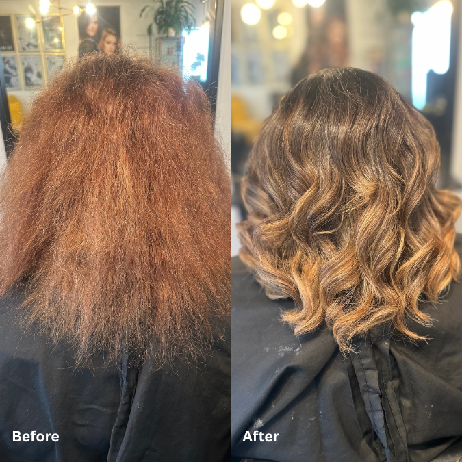 Side-by-side comparison showing a woman's hair before and after a professional styling. The 'Before' image depicts frizzy, unkempt, reddish-brown hair. The 'After' image shows the same hair styled into smooth, voluminous, wavy curls with a golden-bro