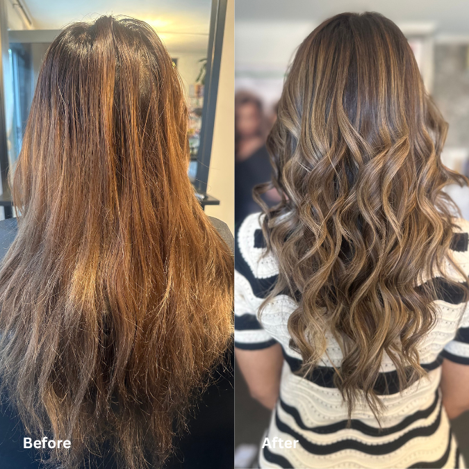 Side-by-side comparison of a woman's hair before and after a styling. The before image shows long, slightly frizzy, unevenly colored brown hair. The after image shows long, styled, wavy, shiny, and evenly colored hair with highlights.