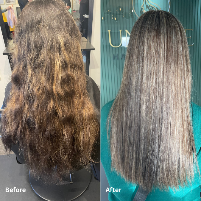 Side-by-side comparison of a woman's hair before and after professional treatment. The before image shows long, wavy, brown hair with frizz. The after image shows straight, sleek, and shiny hair.