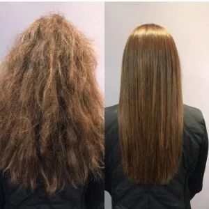 Comparison of a woman's hair before and after, showing frizzy, curly hair on the left and smooth, straight hair on the right.