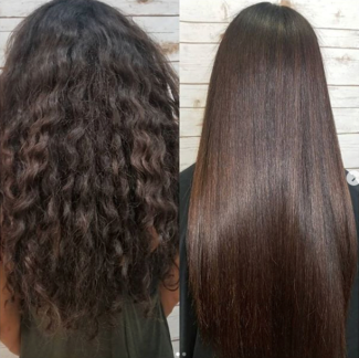 Comparison of curly hair before and straight hair after treatment.