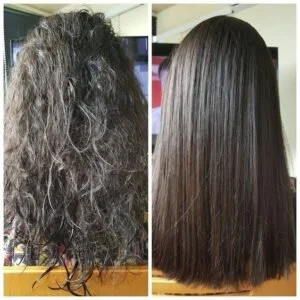 Comparison of frizzy, curly hair before and straight, smooth hair after hair treatment