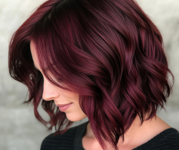 Side profile of a woman with wavy, shoulder-length burgundy hair