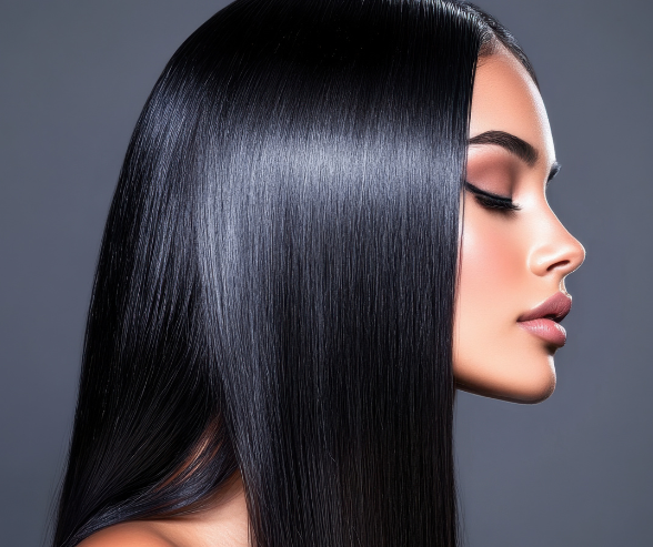 Profile of a woman with long, straight, shiny black hair, closed eyes, and makeup against a gray background.