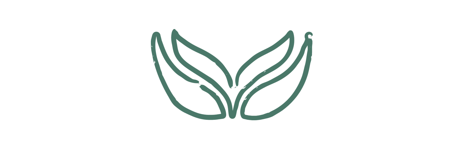 Minimalist logo of two stylized hands or leaves cradling a central element, in dark green color.